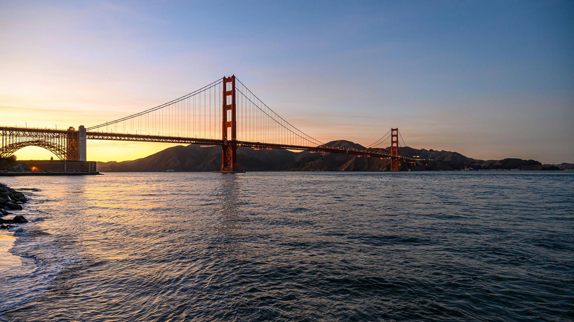 San Francisco Bay and Golden Gate Bridge at sunset